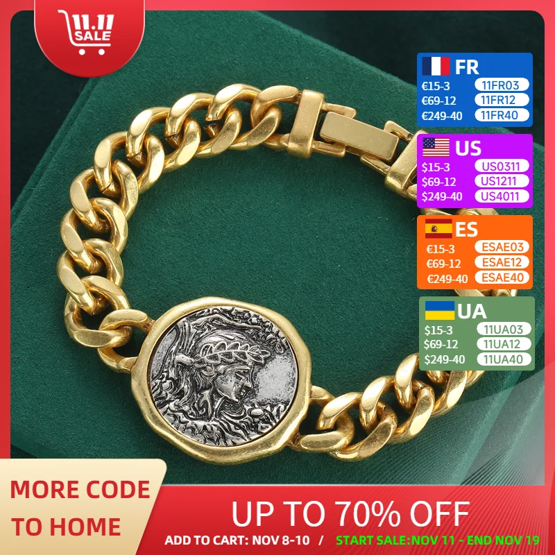 

Vintage Gold Color Chain Bracelet For Jewelry Making Copper Beauty Portrait Ancient Round Coin Wide Women Wrist Accessories