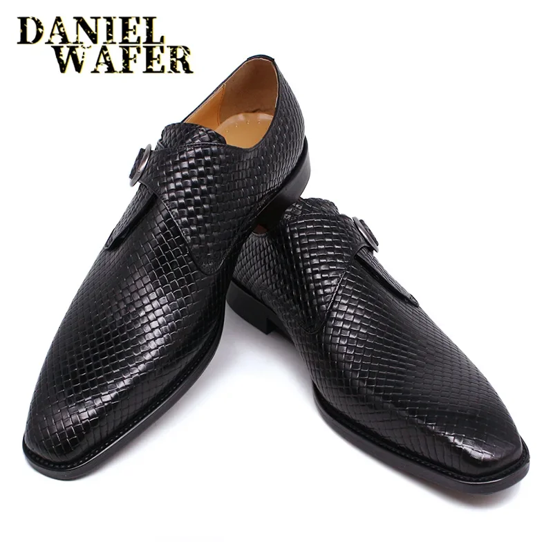 Luxury Men's Genuine Leather Loafers Slip-On Monk Strap Shoes - Casual Office Business Wedding Mix Color Black - view 2
