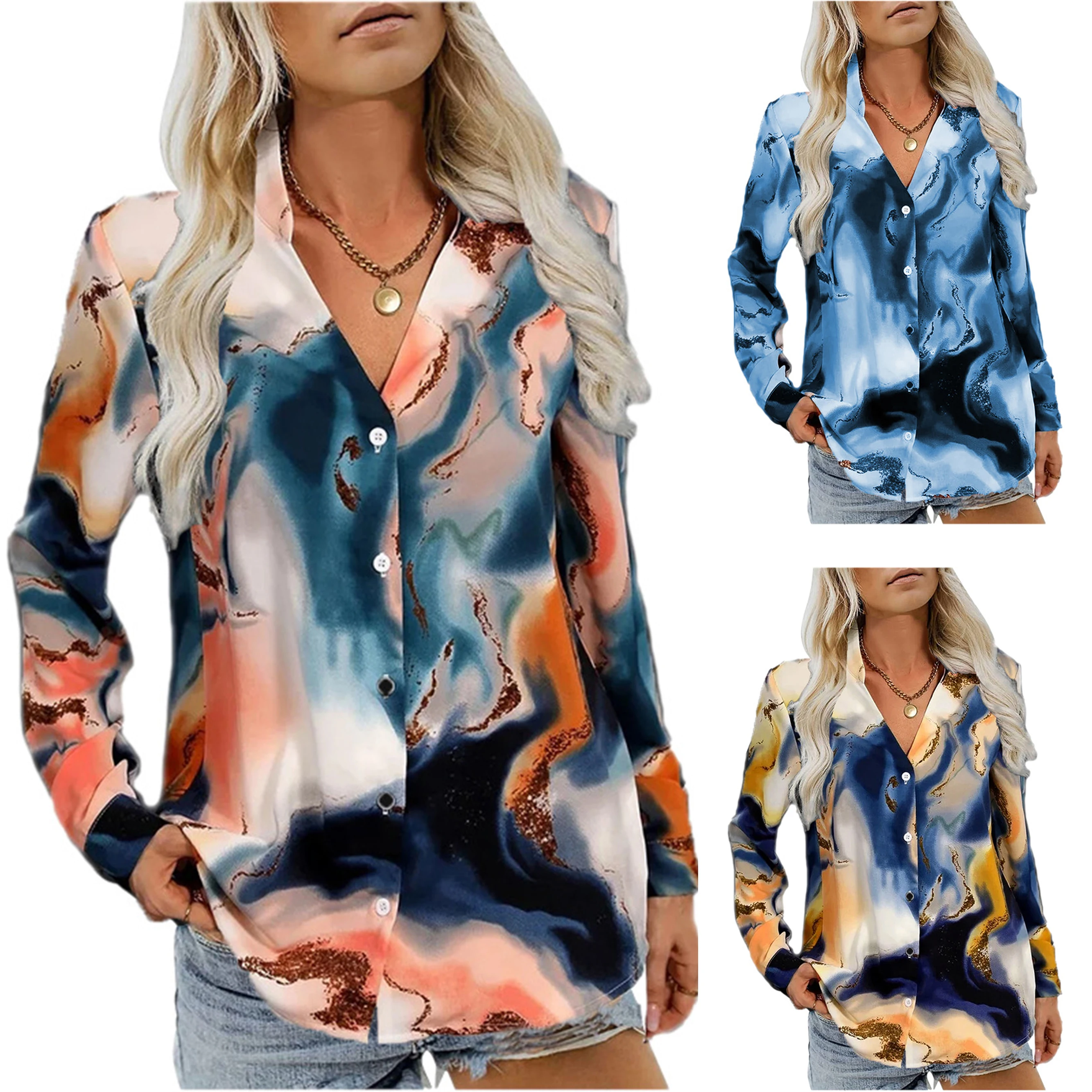 2024 Europe and the United States autumn new women\'s long-sleeve printed button-down shirt V-neck blouse women