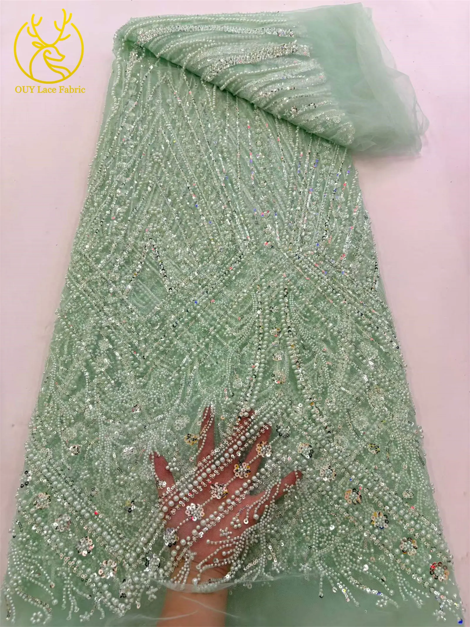 Rosa Eleganter Afrikanischer Bräutigam Perlen-Pailletten-Spitzenstoff 2026 Französischer Tüll-Spitzenstoff Nigerianische Spitze für Hochzeitskleider und Partykleider zum Nähen – Detail 15