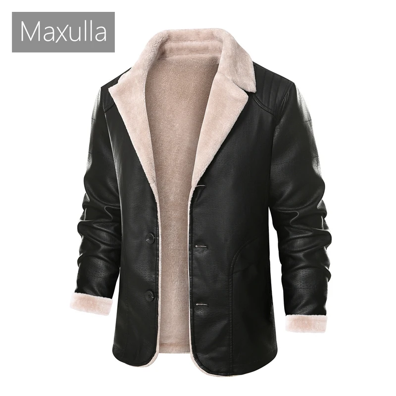 Autumn Winter Men's PU Leather Jacket Men Luxury Plush Faux Fur Business Suit Mens Style Retro Mid -Long Leather Jacket Clothing