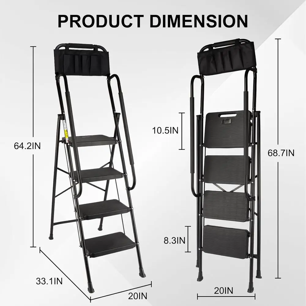 Ladder with Handrails, 500 Lbs Capacity, Folding Step Stool Ladder, Attachable Tool Bag, Lightweight & Storage, Multi-use for Ho