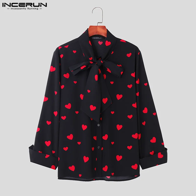 INCERUN Tops 2023 American Style New Men\'s Personality Love Bow Tie Design Shirts Casual Fashion Love Pattern Print Blouse S-5XL