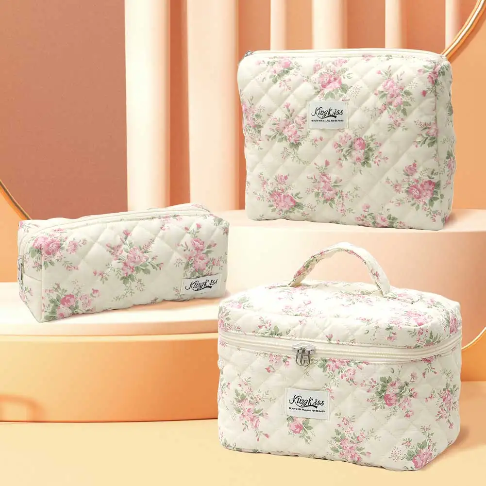 3Pcs Floral Quilted Cosmetic Pouch Set for Women Ideal for Toiletries Travel Makeup and Storage Needs