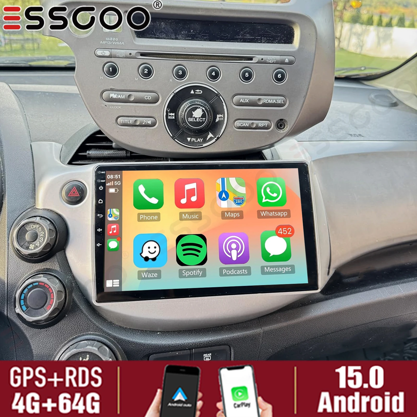 

10.1" Android 15 Car Stereo Radio Apple CarPlay 4+64GB For Honda Fit Jazz 2008-2013 Head Unit WiFi GPS Navi Bluetooth FM+DVR&AHD