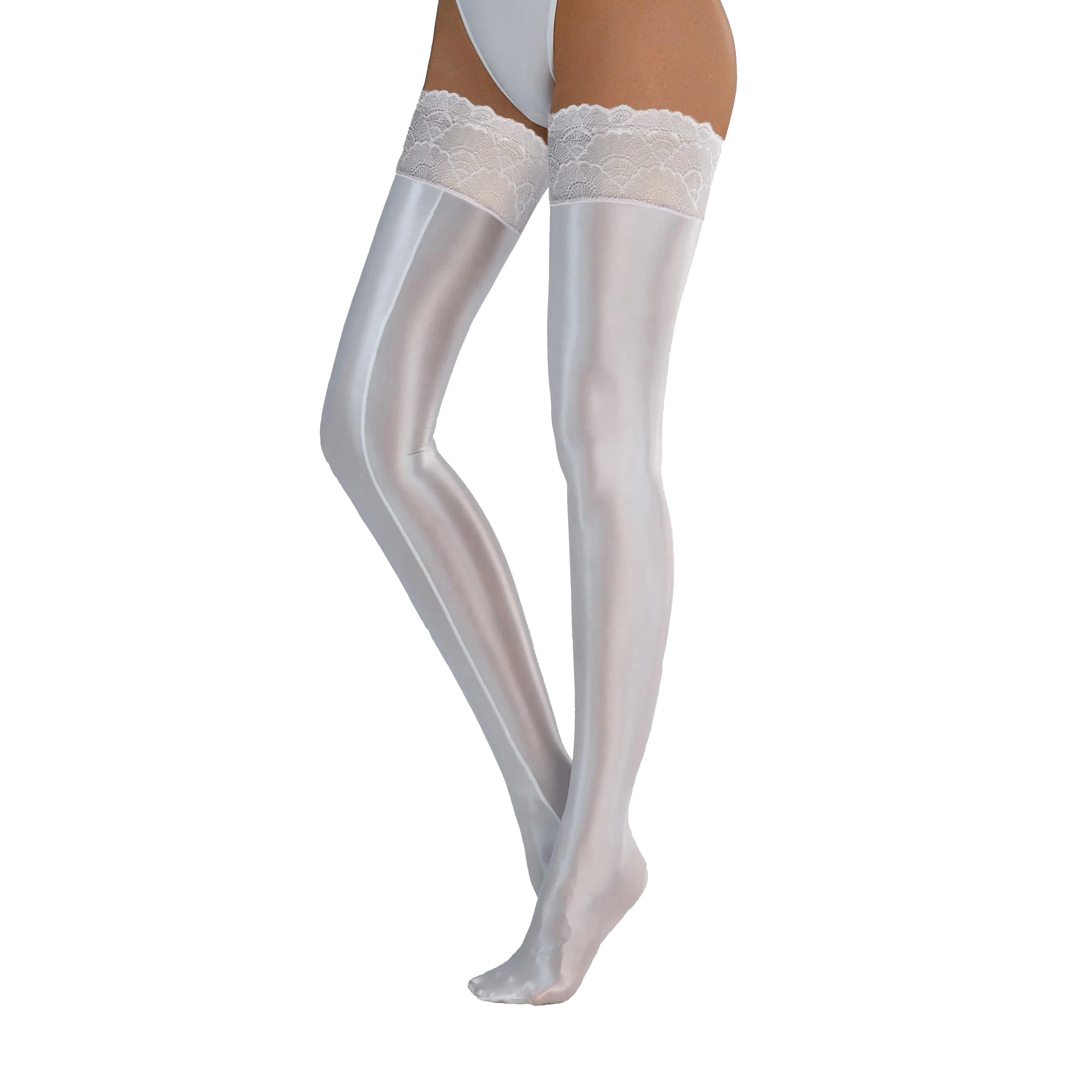 

Сексуальные женские однотонные масляные блестящие гольфы выше колена, одежда для косплея, танцевального клуба, эластичные чулки до бедра с гладкими кружевными краями