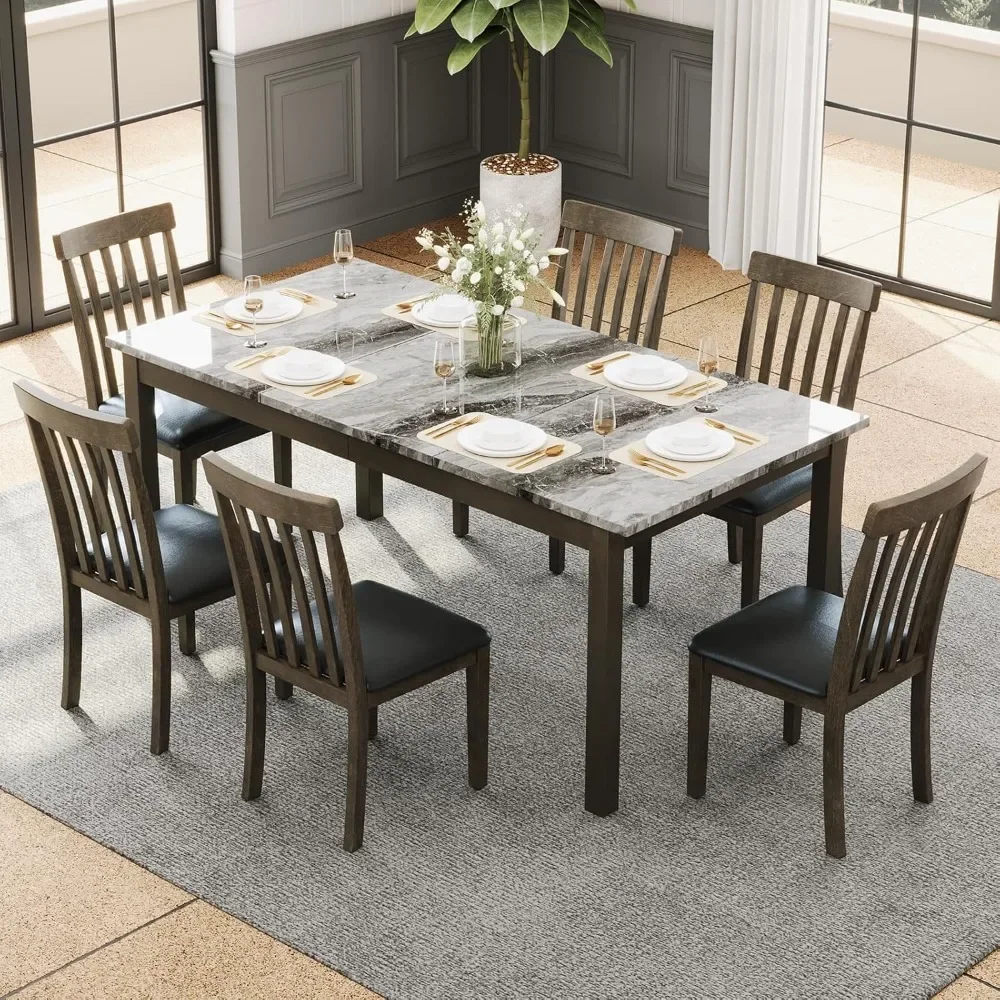 

7-Piece Dining Table Set, 71" Faux Marble Modern Table with 6 PU Leather Upholstered Chairs, Heavy-Duty Solid Wood Set