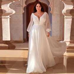 Simple Wedding Dresses Plus Size Deep V Neck Long Sleeves Bride Gowns Back Button Sweep Train A-Line Vestido De Noiva 2024