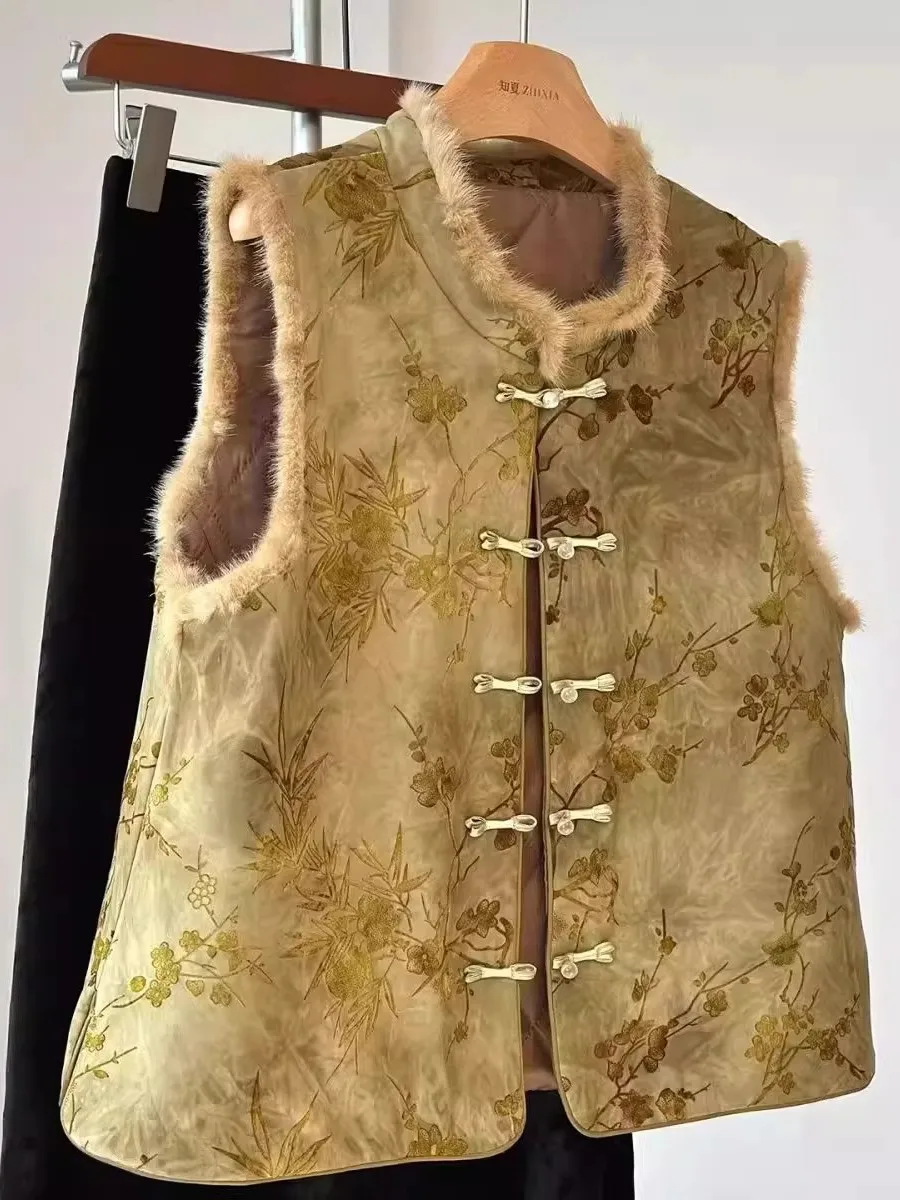 

Large Size 300 Pou New Chinese Sle Embroidered National Sle Buttonl Fur Collar Vest Men Women Autumn Winter Svel...