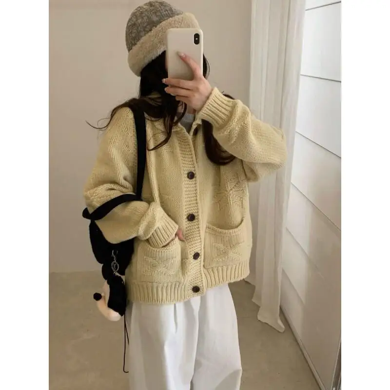 

Женский дизайн в корейском стиле, свитер с воротником-снежинкой, кардиган, осень-зима, новая модель пальто, шикарные женские свитера, утолщенные