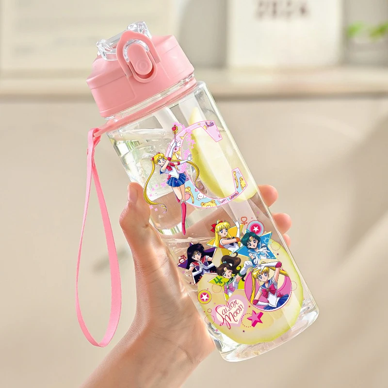 Sailor Moons Water Bottle with Straw Kids Cute Letter A-Z Cup Girls Outdoor Sports Kettle Children Large Capacity 900ml Mug Gift