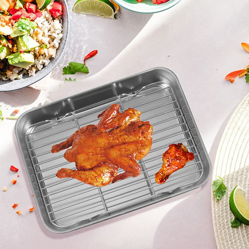 

1Set Stainless Steel Airtight Food Pan Deep Design Multipurpose Kitchen Tray Roasting Pan Rack Oil Draining Grill Plate Storage