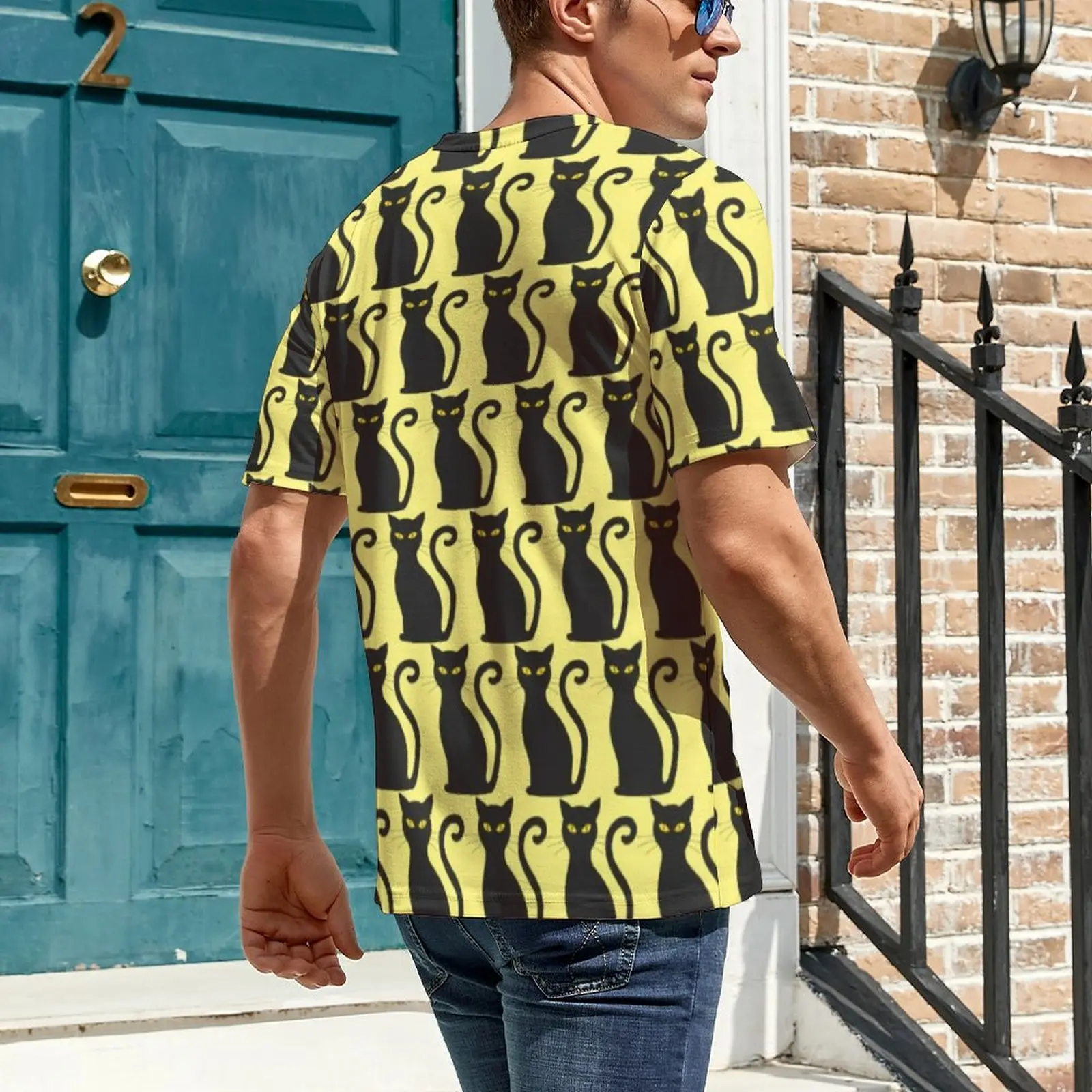 Men Black Cat T Shirt Funny Animal Print Popular T-Shirts Short Sleeve Graphic Tops Wholesale Beach Funny Oversize Top Tees