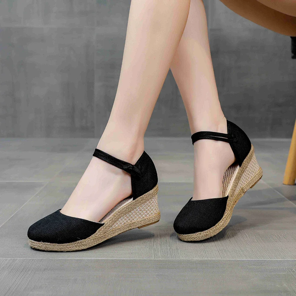 

Summer Women Linen Plain 6cm Wedge Sandals Bohemian Handmade Ladies Casual Comfortable Espadrilles Platform Pumps Shoes