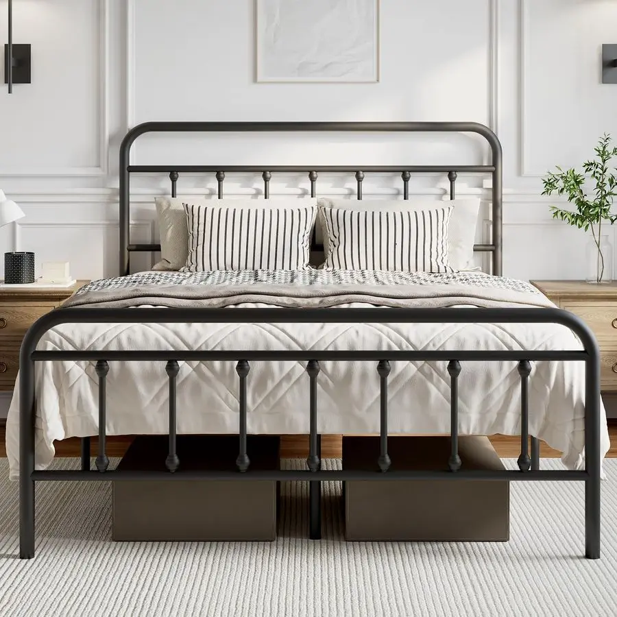 

Metal Bed Frame Queen Size Modern Minimalist Victorian Style with Headboard Footboard, HeavyDuty Steel Slats Underbed Storage No