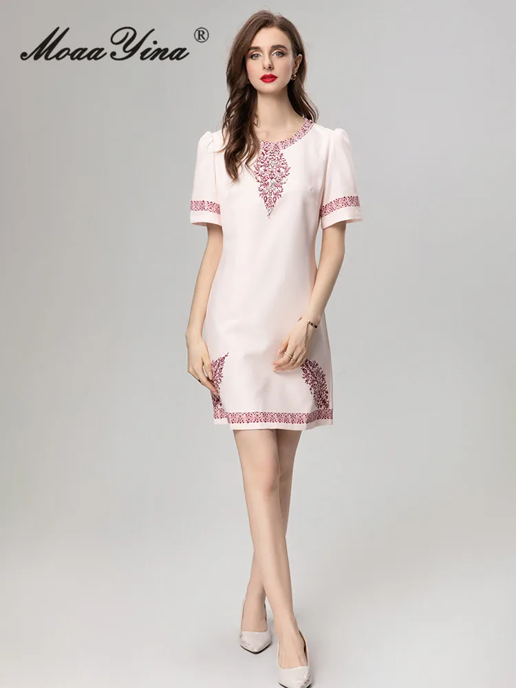 MoaaYina 2024 Summer High Quality Women Dress Vintage Elegant Embroidery Floral O-Neck Short Sleeve Mini A-LINE Princess Dresses