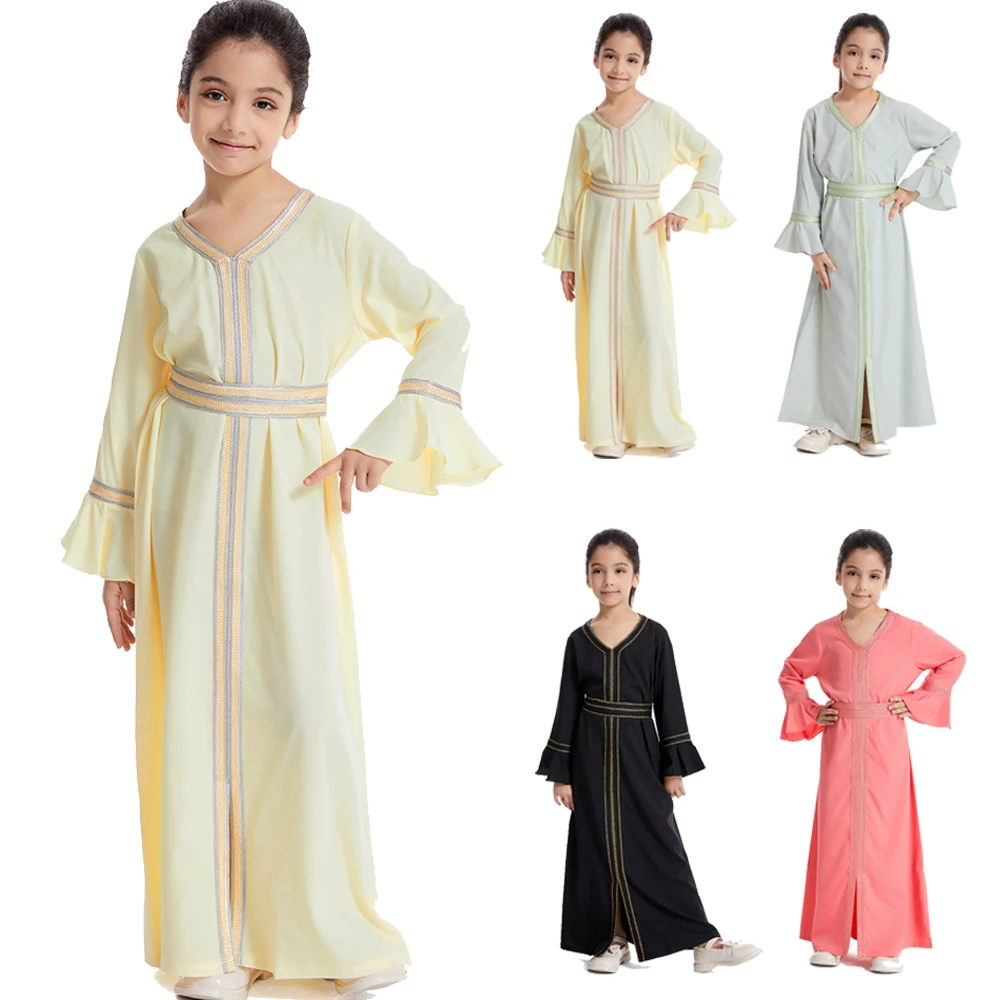 

Muslim Kids Girls Abaya Long Sleeve Maxi Dress Turkey Kaftan Prayer Eid Party Ramadan Dubai Islamic Arab Robe Jalabiya Clothing