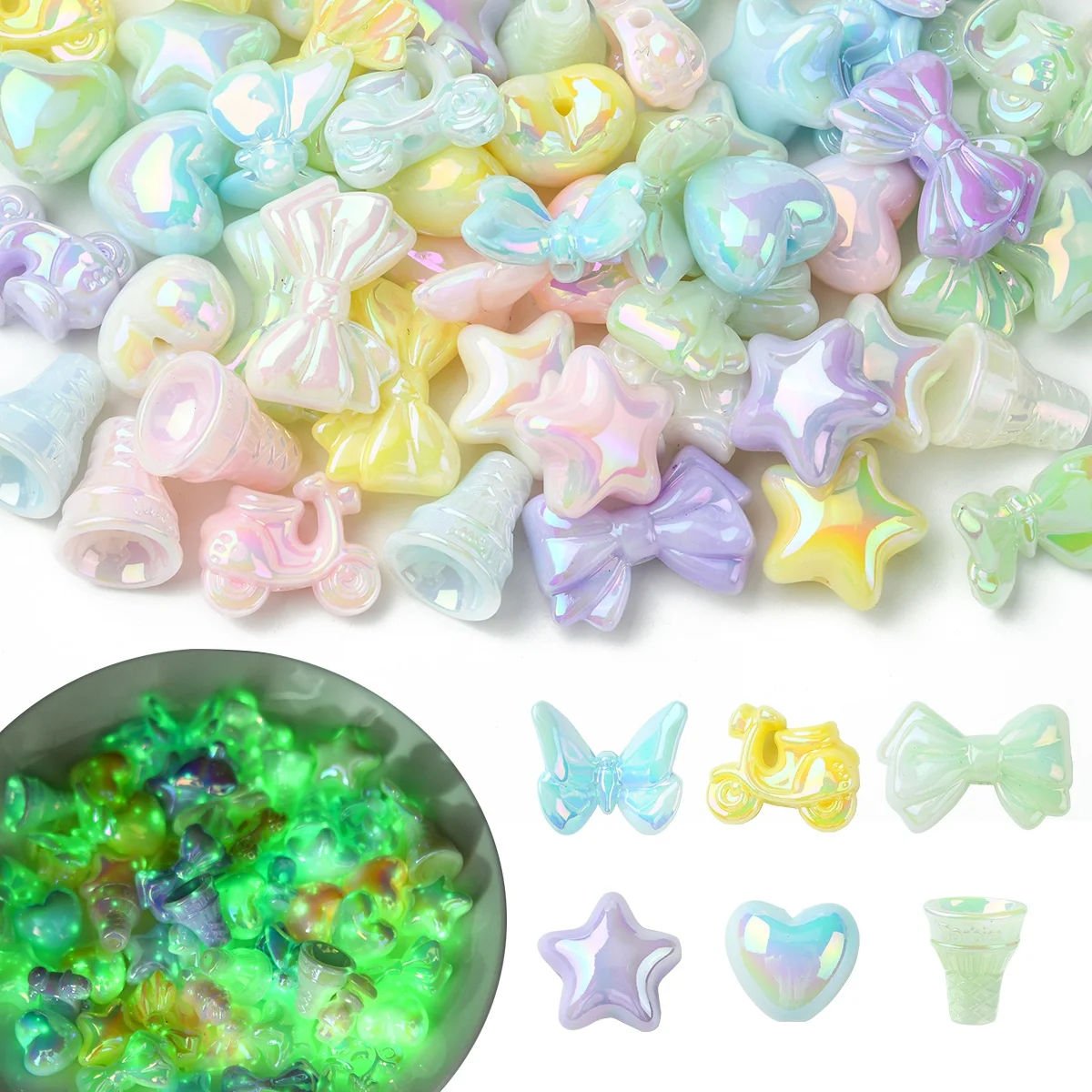 

60Pcs Luminous Acrylic Beads Mixed Shapes Loose Beads For Glow In The Dark Jewelry Making DIY Bracelet Necklace Earring