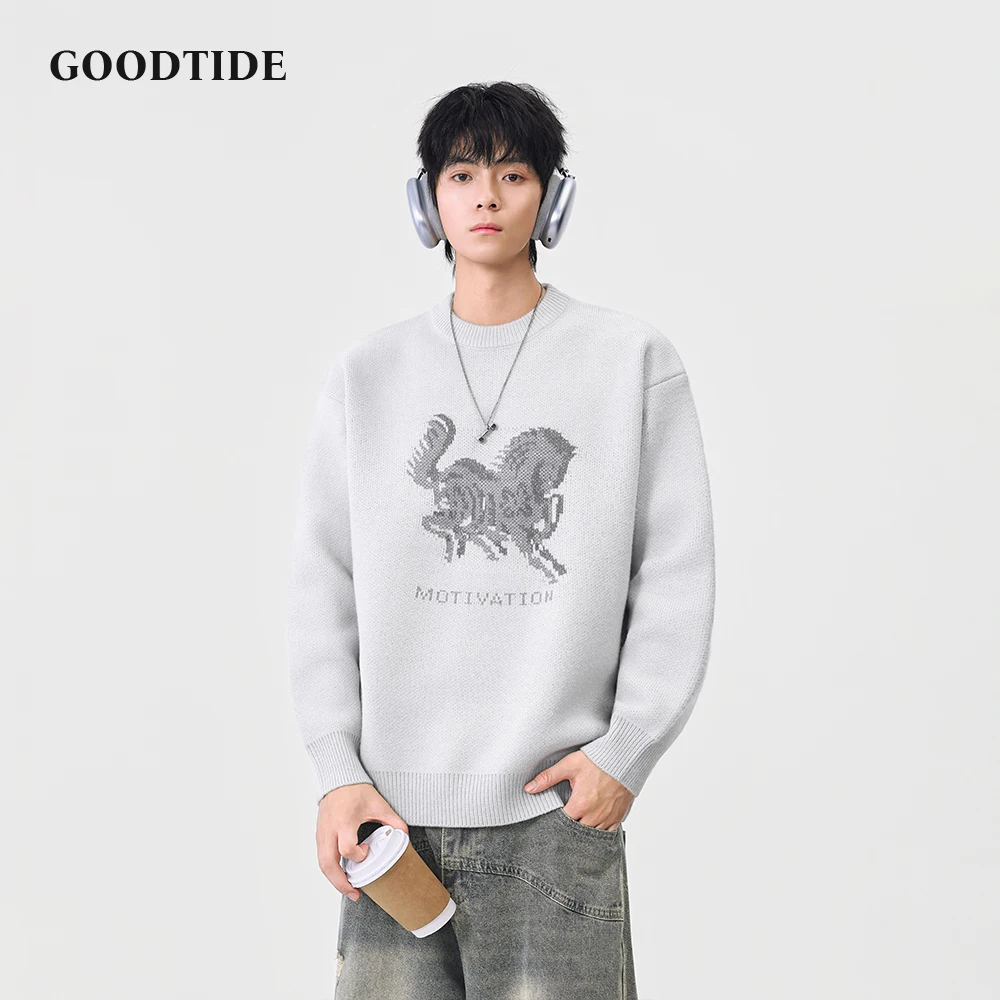 Fashion Men's Casual Crew Neck Sweater 2025 Winter New Horse Pattern Print Knitted Pullover Soft Long Sleeve Jumper Top