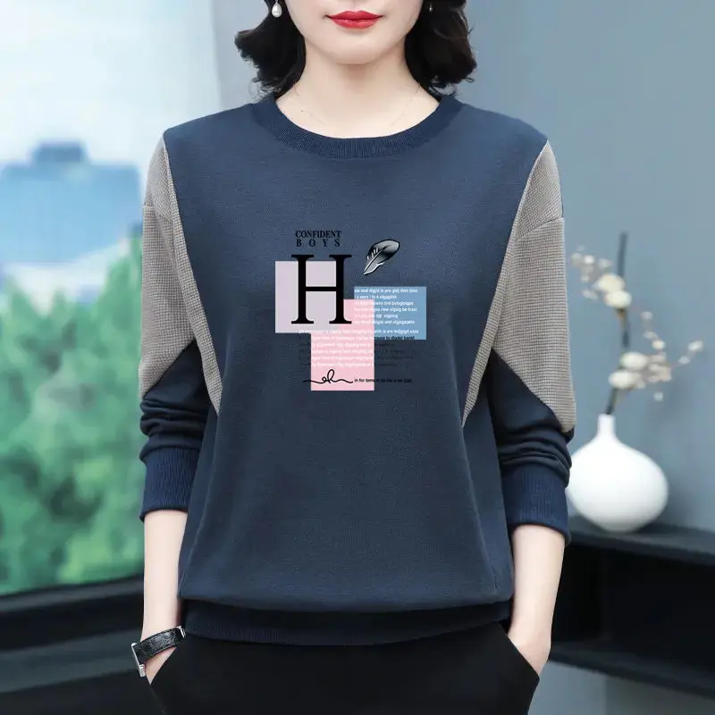 Female Clothing Cotton Spring Autumn T-shirt Women's New Versatile Loose Long Sleeve Letter Patchwork Fashion Sweatshirts Tops