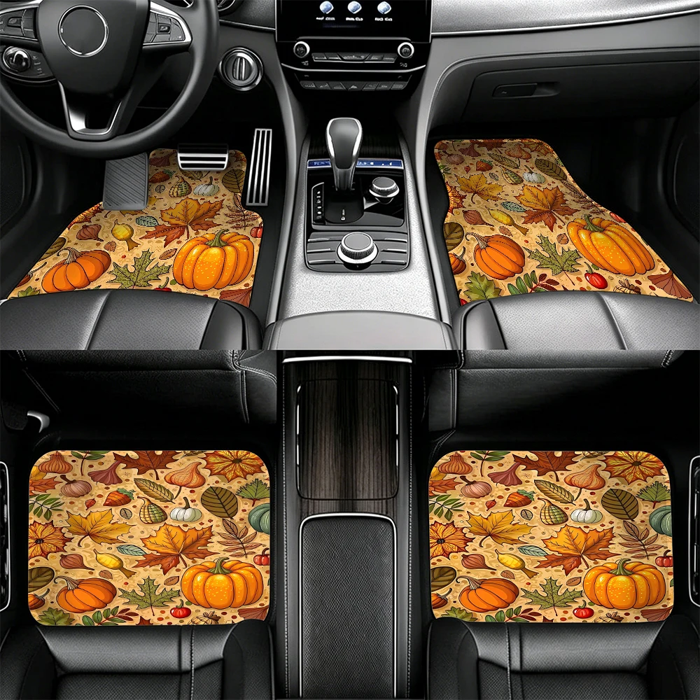 5pcs Vintage Autumn Pumpkin Maple Leaf Car Floor Mats Full Set Front Rear Trunk Anti Slip Fall Harvest Printed Auto Foot Pad