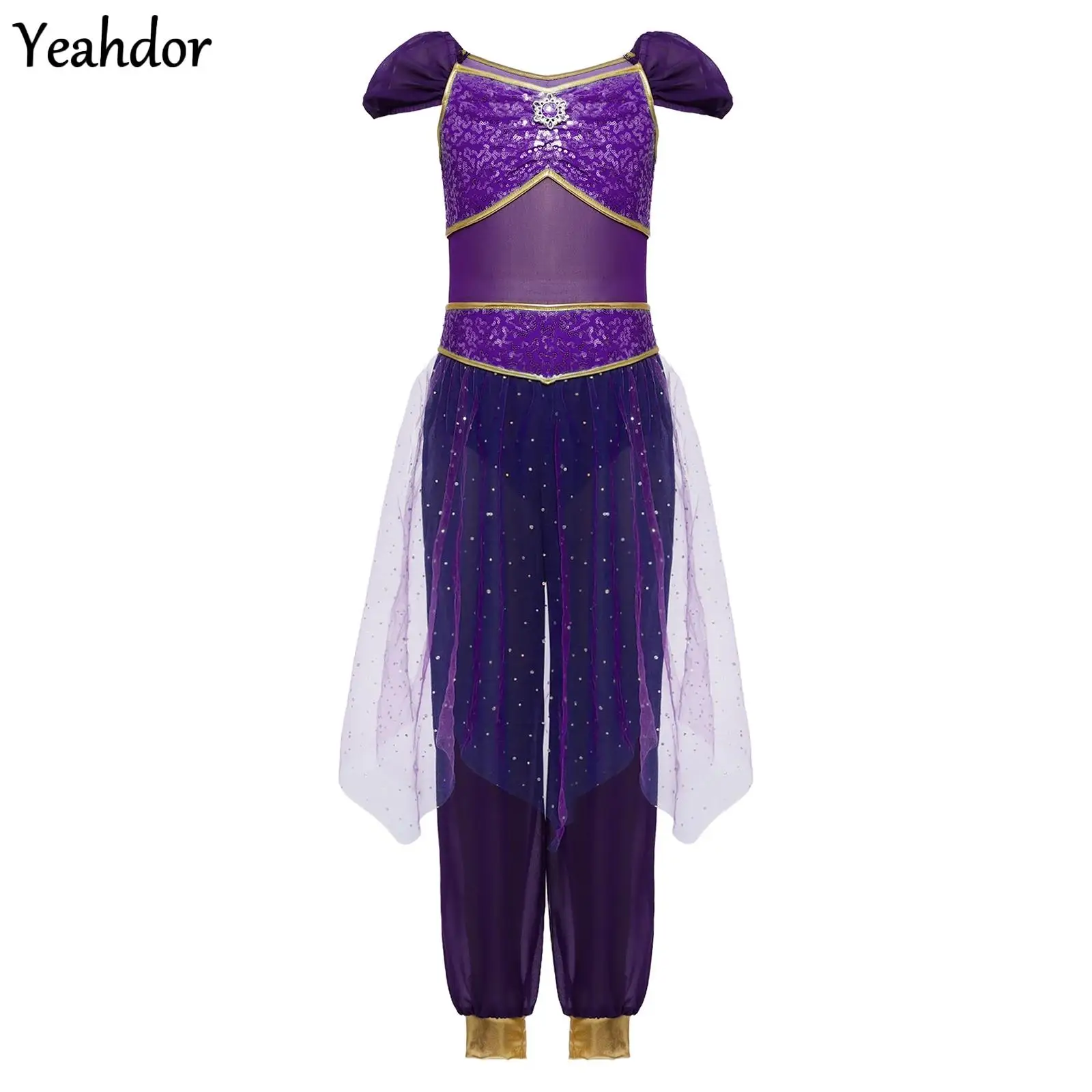 

Girls Arabian Princess Costume Halloween Fancy Cosplay Indian Belly Dance Jumpsuit Rhinestones Sequined Tulle Overlay Rompers