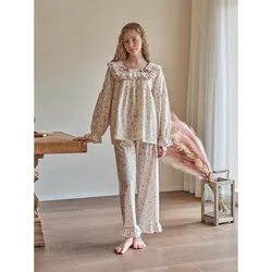 Conjunto de pijama con cuello cuadrado y encaje Floral para mujer, jersey de manga larga de estilo Vintage, ropa de dormir informal para el hogar, Otoño, 2023