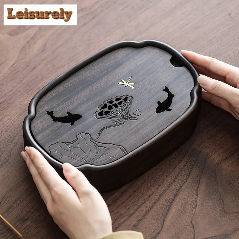Fish Play Lotus Pond Tea Tray Walnut Wood Water Storage Drainage Dry Soaking Platform Solid Wood Pot Bearing Holder Tea Table - Image 4