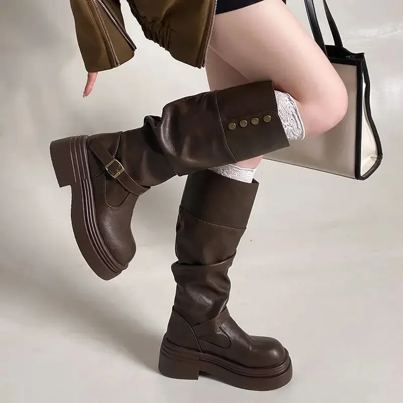 2026 Neue Damen-Overknee-Stiefel, klobige Plateau-Reiterstiefel, Frühling/Herbst, modisches Design mit zweifach faltbarer Manschette – Detail 4
