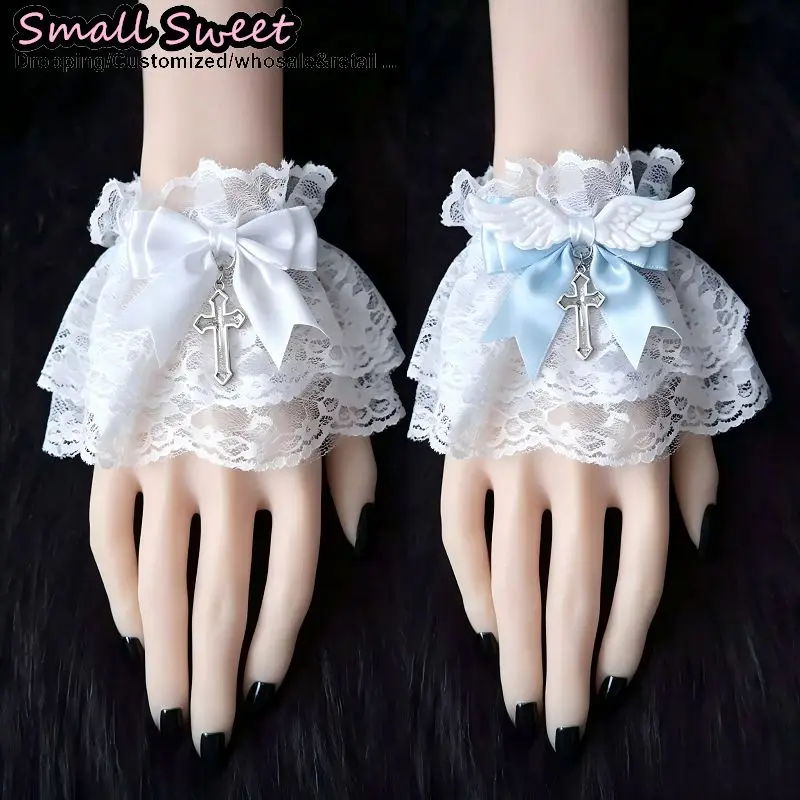 Handmade White Blue Angel Wing Cross Lace Wrist Cuffs Ruffled Bowknot Design Gothic Lolita Subculture Shooting Prop Cosplay