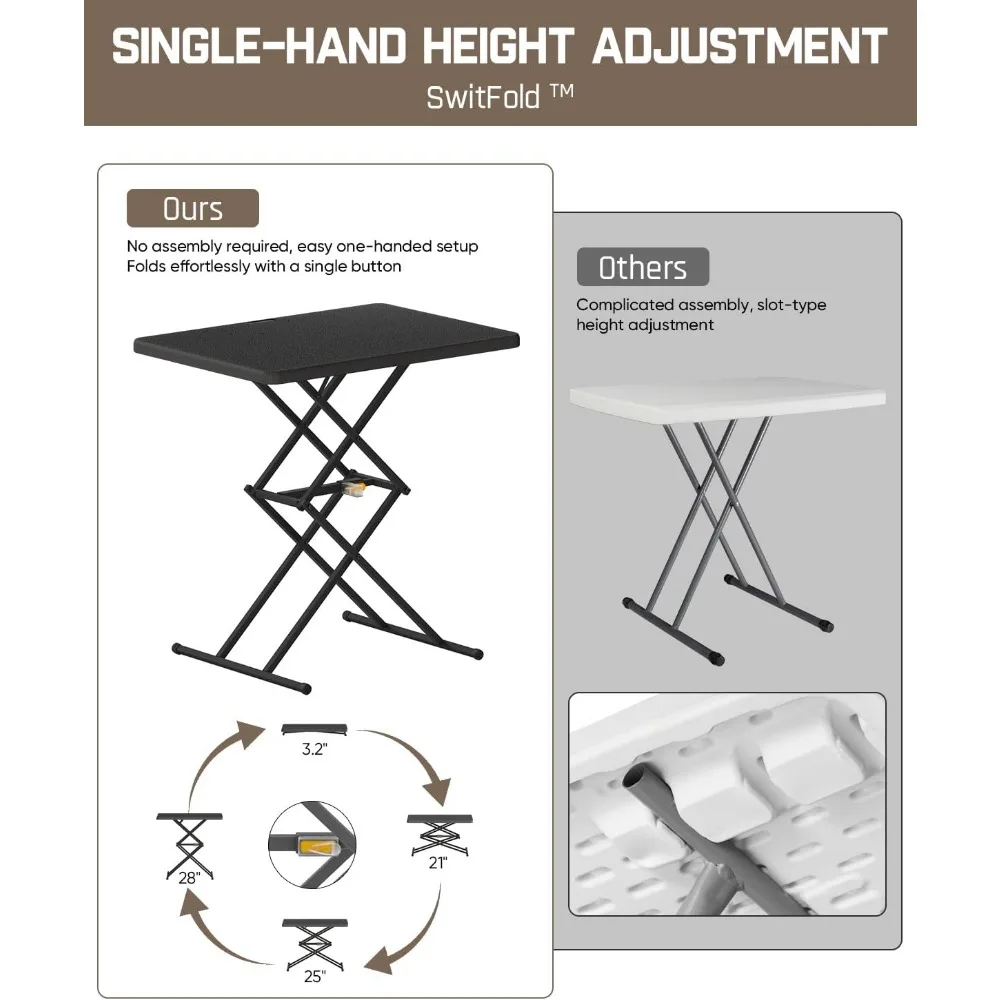 Portable 28 Inch Pop-Up Table with One-Handed Height Adjustment, Three Height Options, Ready to Use, Multi-Functional Folding Ta