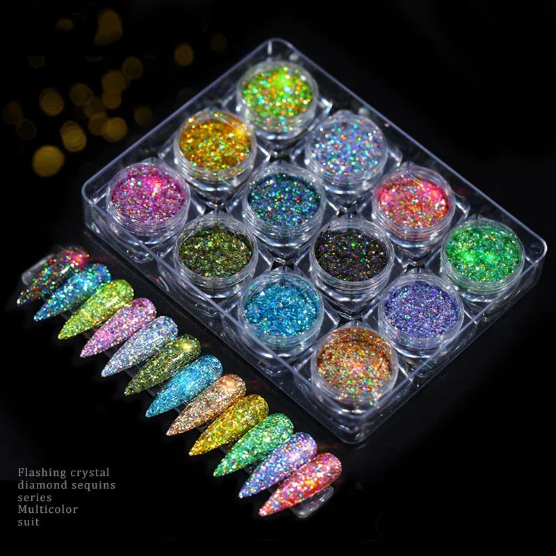 

12pcs Nails Glitter Powder Flakes Set Iridescent Sequins Sparkly Paillette Nails Accesories Nail Art Decorations Manicure Tools