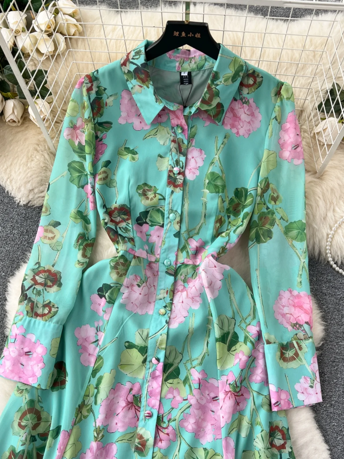 

Retro Floral irt Collar Dr Women's Spring Slimming Waist Large Skirt Luxury Lady Ele Sle Maxi Dr