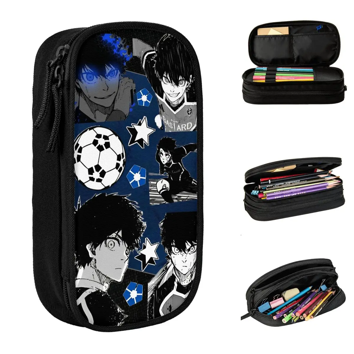 مقلمة قفل أزرق إبداعية لكرة القدم أنيمي حامل قلم حقائب طالب سعة كبيرة اللوازم المدرسية هدية قلم رصاص الحقيبة