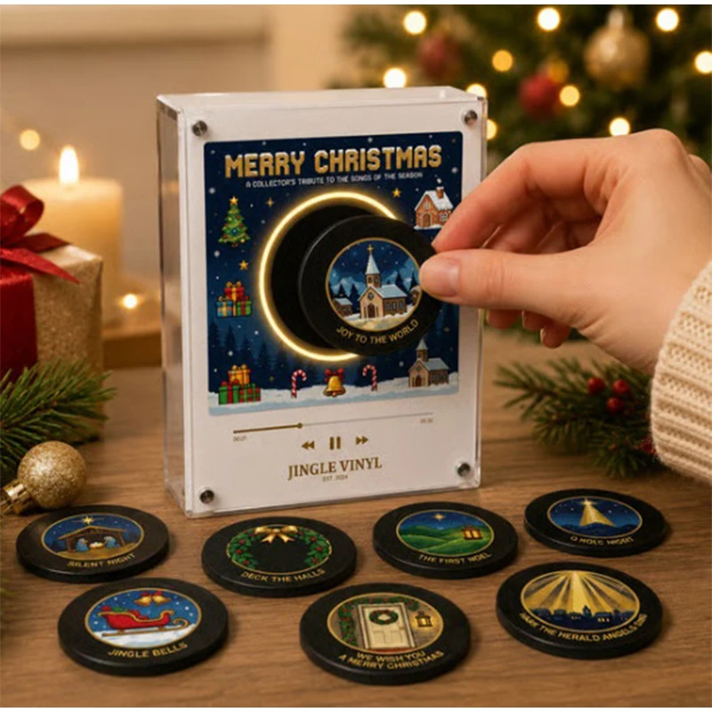 Christmas Magnetic NFC Luminous Rotating Music Player Mini Retro Music Box Vinyl Record Refrigerator Magnet Holiday Decor Gift