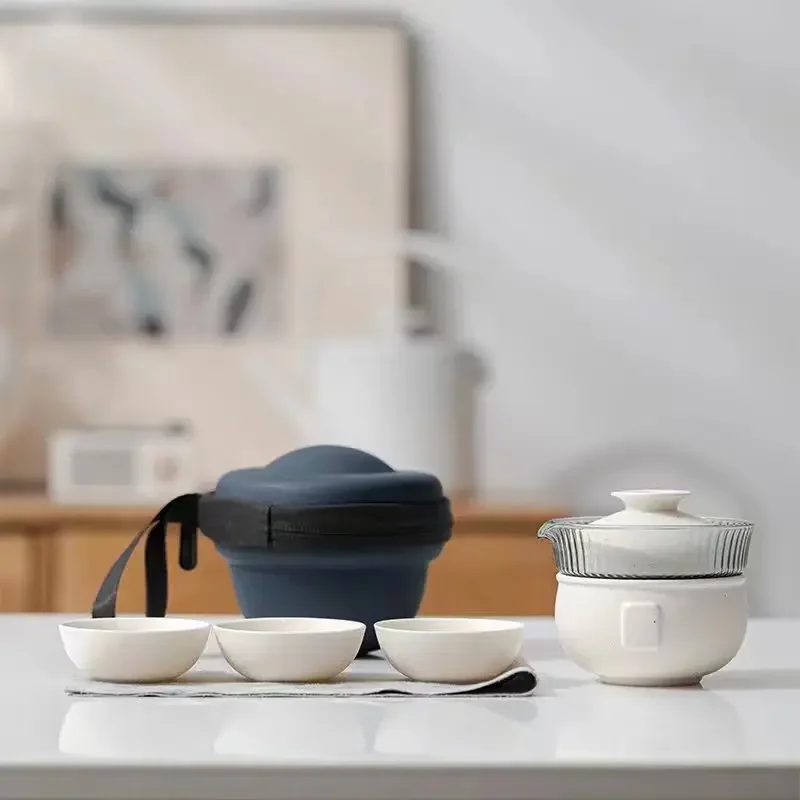 Chinese Ceramic Japanese Simple Travel Tea Set Portable Bag Quick Cup One Pot Three Cups Outdoor Ceramic Tea Set Designer Teapot