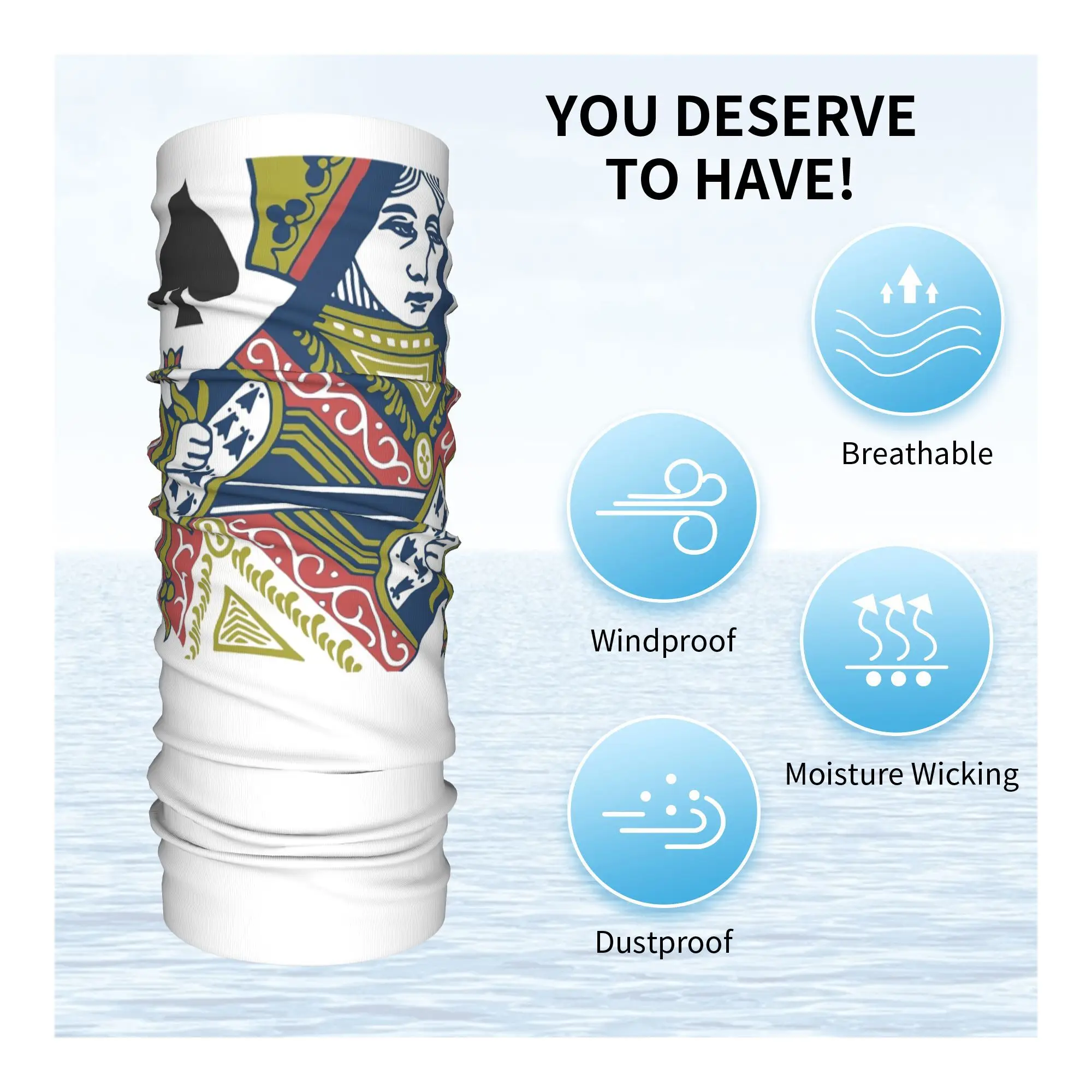 بطاقة اللعب - غطاء رقبة Queen of Spades Bandana مطبوع للوجه، وشاح دافئ لركوب الدراجات للجنسين للبالغين طوال الموسم