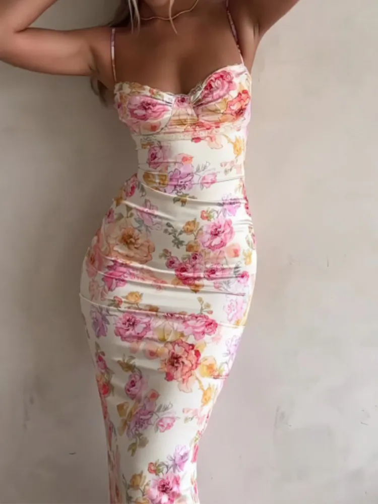 

Elegant Sexy Print Dress Lady Fashion Sleeveless Spaghetti Strap V Neck Slim Dresses Women Holiday Womens Clothing Robe Femme