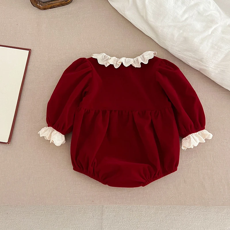 0-24 متر عيد الميلاد طفل رضيع فتاة الأحمر رومبير الدانتيل طوق الربط الخريف الرضع طفل الفتيات طويلة الأكمام بذلة ملابس الطفل