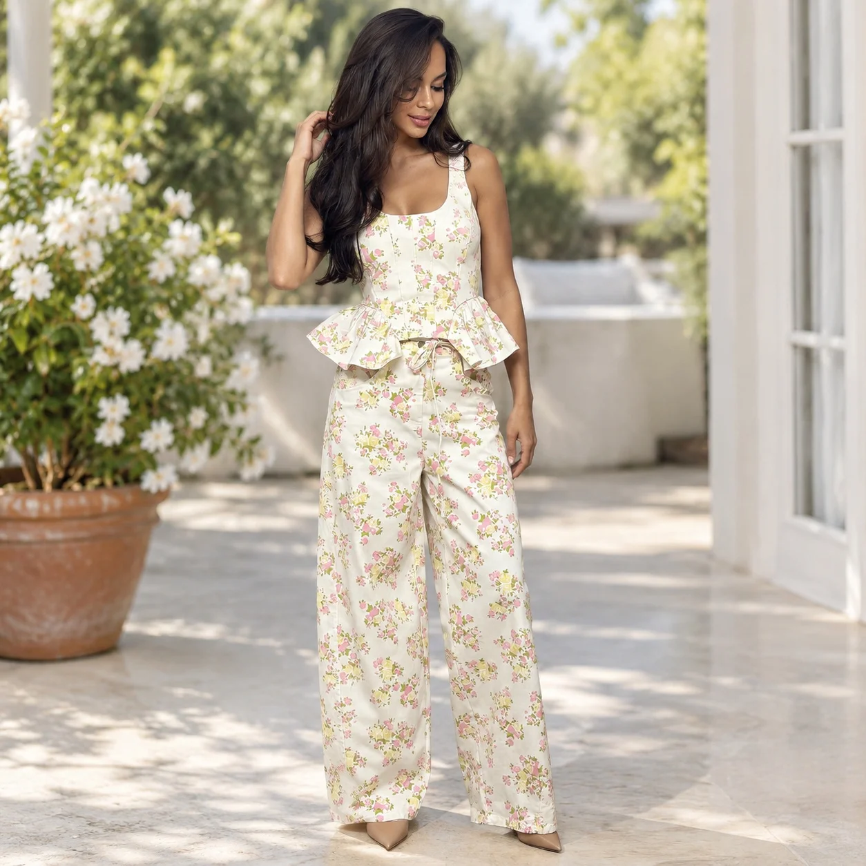 Ruffle Set Floral Print Full Length Sweet Style with Date Fresh Sweet Spring Top Pants Sleeveless Tie Tank Top Women Sets