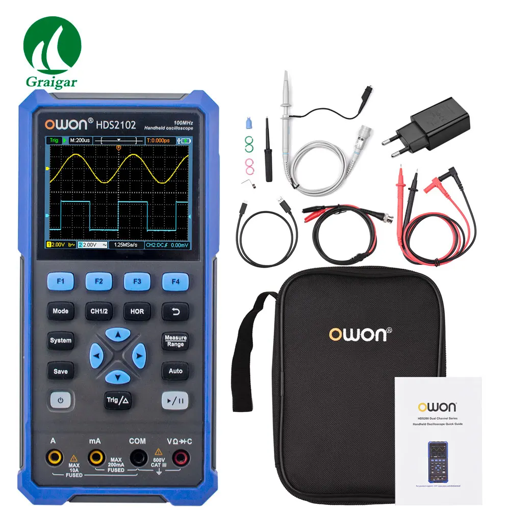 OWON HDS2102S HDS2102 Portable Digital Oscilloscope 100MHz Bandwidth 2 Channels 500MSa/s with 3.5inch LCD Display