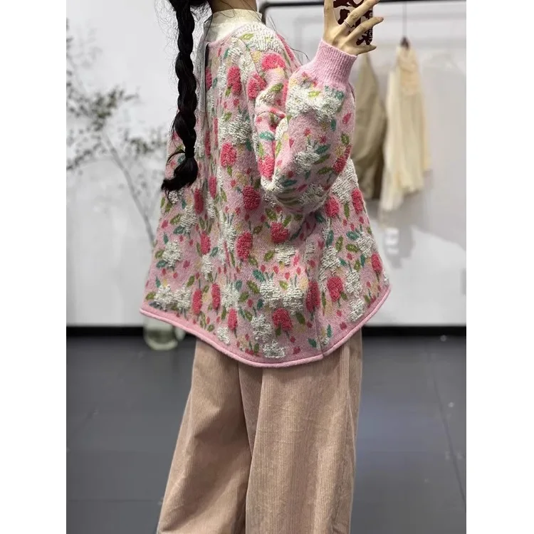 Runde Ne Gestrickte Pullover Mantel Casual Lose Sle mit Blumenmuster für Frauen Herbst Winter Neue Ankunft Ele Abnehmen