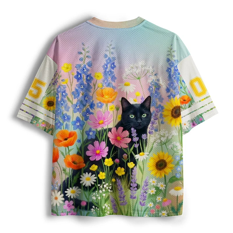 Oil Painting Style Flower Cluster Black Cat Print V-neck Short Sleeved Mesh Breathable and Fresh Summer Short Sleeved Shirt