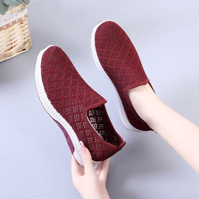 2024 New Summer Korean Mesh Comfortable Women Shoes Breathable Hollow Sports Walking Sneakers Casual Flat Ladies Solid Shoes