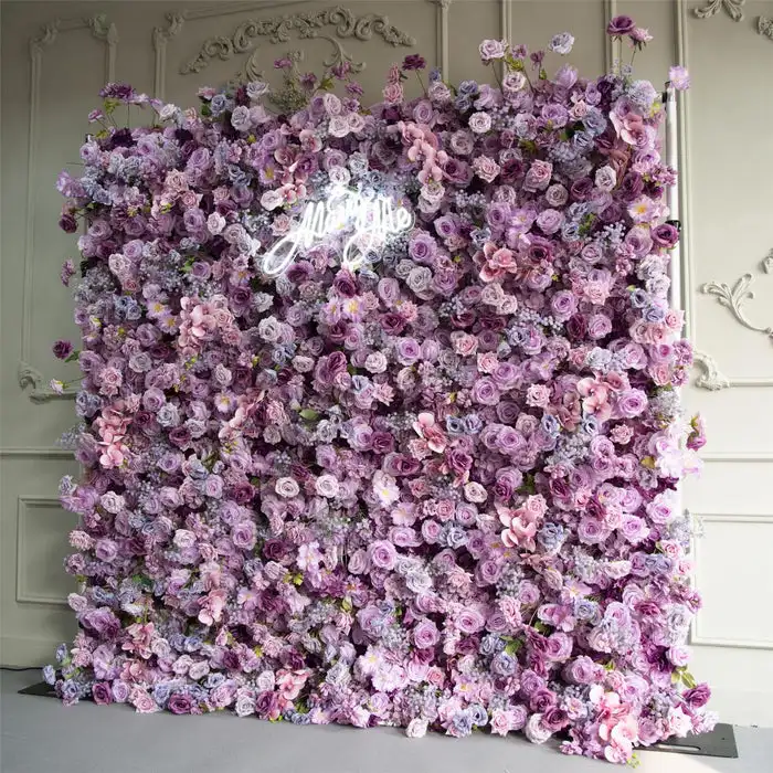 Deluxe Edition Royal Violet Rose wall 5D Cloth Curtain Rose Flower Wall Wedding Backdrop Turf Plant Purple Rose Wedding Decor