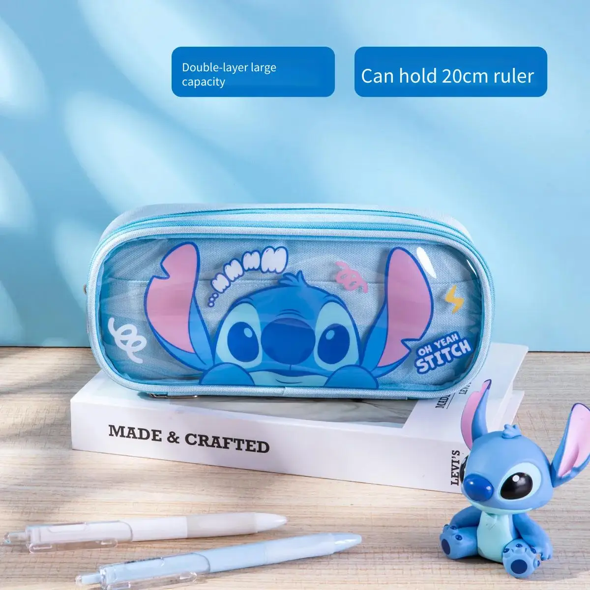 Disney Cartoon Stitch школьный мультфильм милый двухслойный большой вместительный водонепроницаемый холщовый пенал для канцелярских принадлежностей
