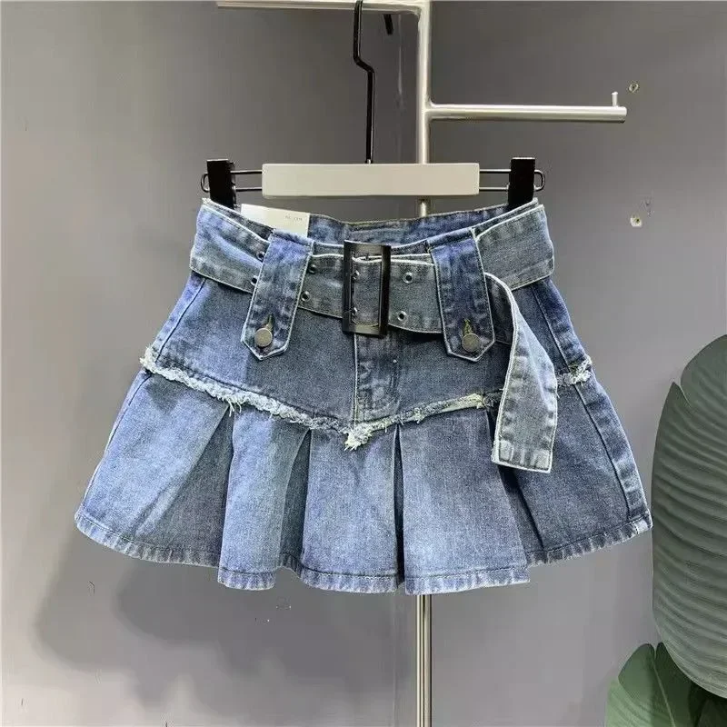 Harajuku Y2K Vintage Light Blue Sweet Pleated Denim Skirt Women Street Fashion New Popular Slim A-shaped Half-length Hip Skirt