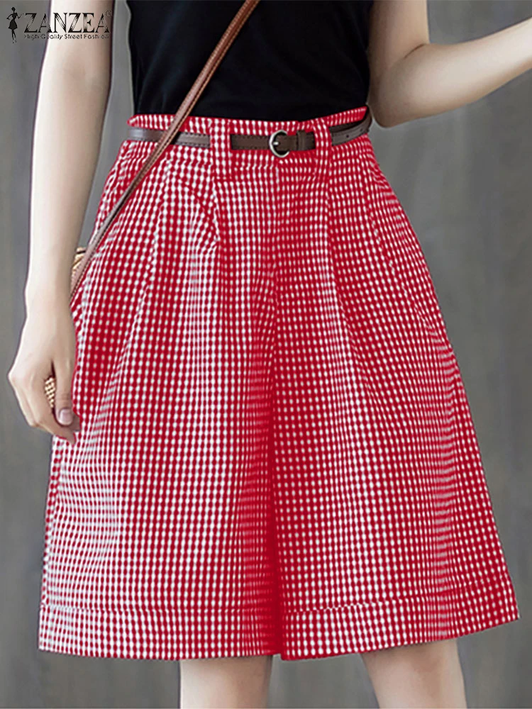 ZANZEA Woman Casual High Waist Gingham Shorts 2025 Summer Loose Checked Wide-Leg Shorts Day Wear Commuting Knee-Length Pants