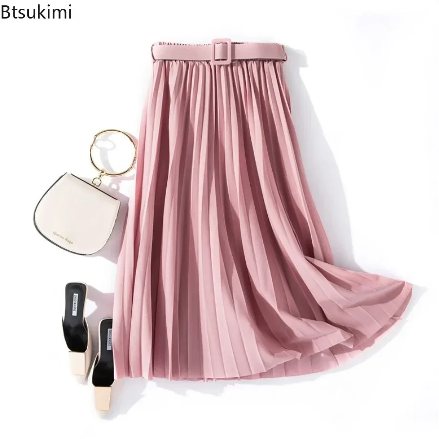 

2025 Women's High Waist Pleated Midi Skirts with Belted Spring Summer Elegant Solid Umbrella A-Line Skirts Ladies Korean Skirts