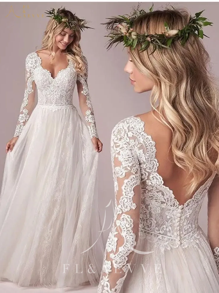 Vestido de novia de manga larga bohemio para mujer, corsé de espalda baja, largo hasta el suelo, apliques de encaje, vestido de novia de gasa de tul